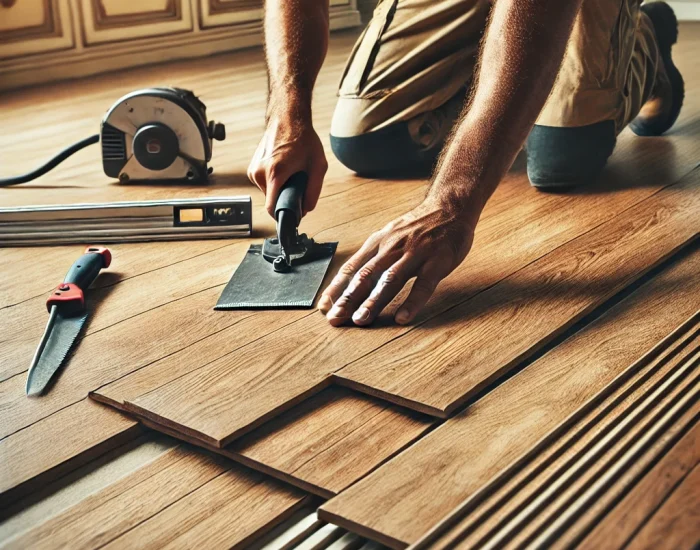 DALL·E 2024-10-20 22.20.24 – A detailed image of flooring installation in progress, showing construction workers laying hardwood floors in a home. The image captures the tools use DALL·E 2024-10-20 22.20.24 - A detailed image of flooring installation in progress, showing construction workers laying hardwood floors in a home. The image captures the tools use